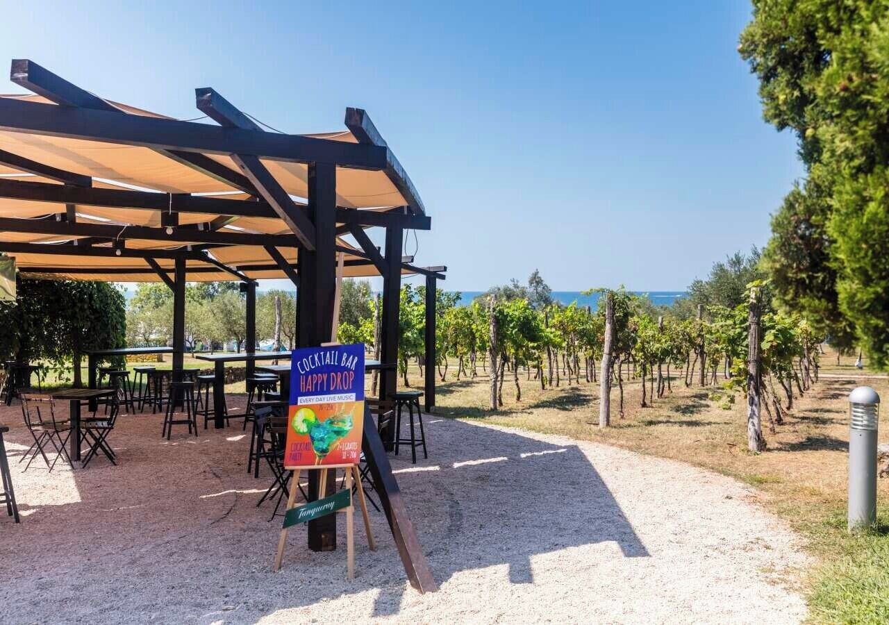 A covered outdoor seating area with tables and chairs, a sign for a cocktail bar, and a vineyard in the background.