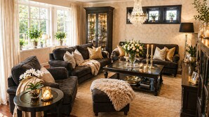 A cozy living room with a dark leather sofa, a round coffee table, and a chandelier. - Detached house with terraces and garden. Close to the sea and the town center (Svelvik)