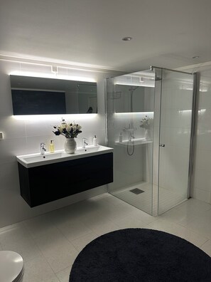 Douche, sèche-cheveux, serviettes fournies, savon