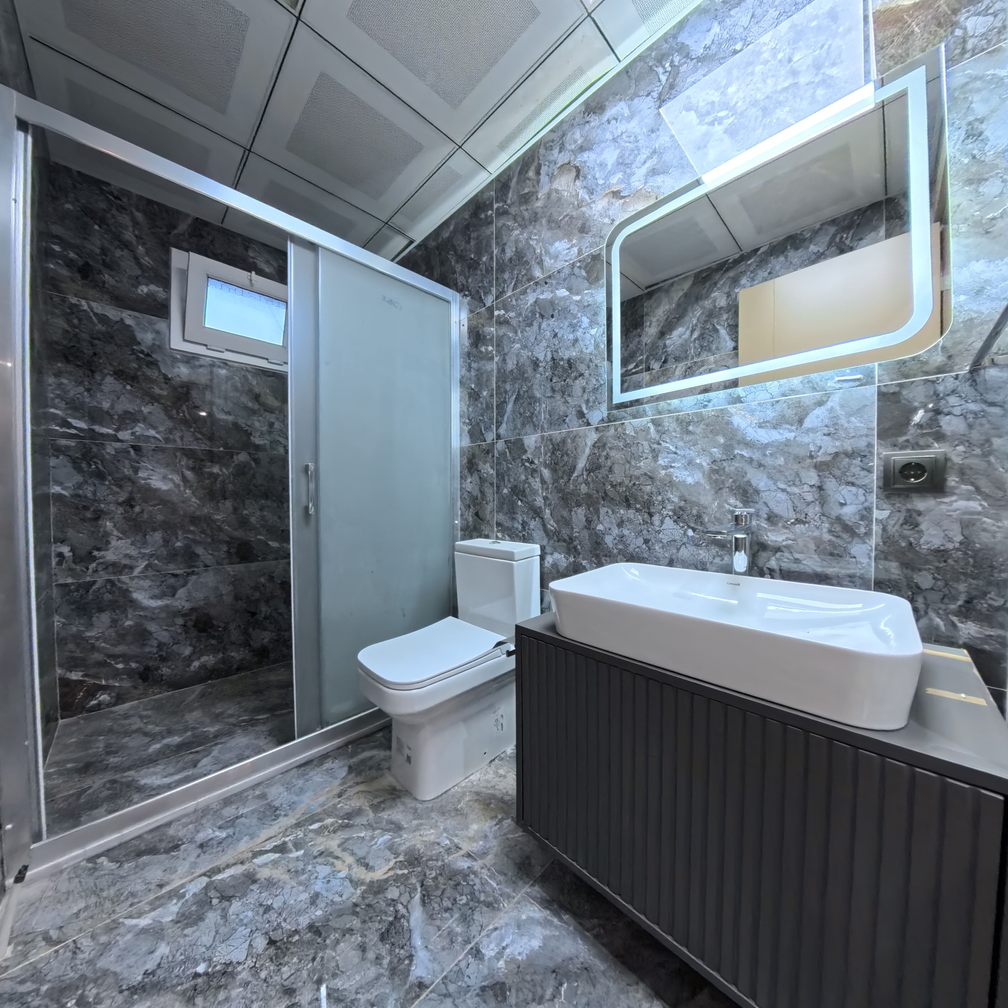 Bathroom | Shower, hair dryer, slippers, towels