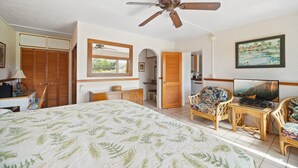 Un dormitorio con una cama, un ventilador de techo, un televisor y un cuadro en la pared.