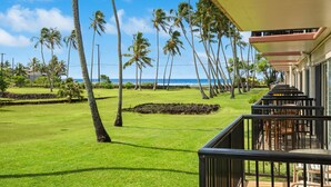 Un balcón de hotel con vista a un césped cuidado, palmeras y el océano.