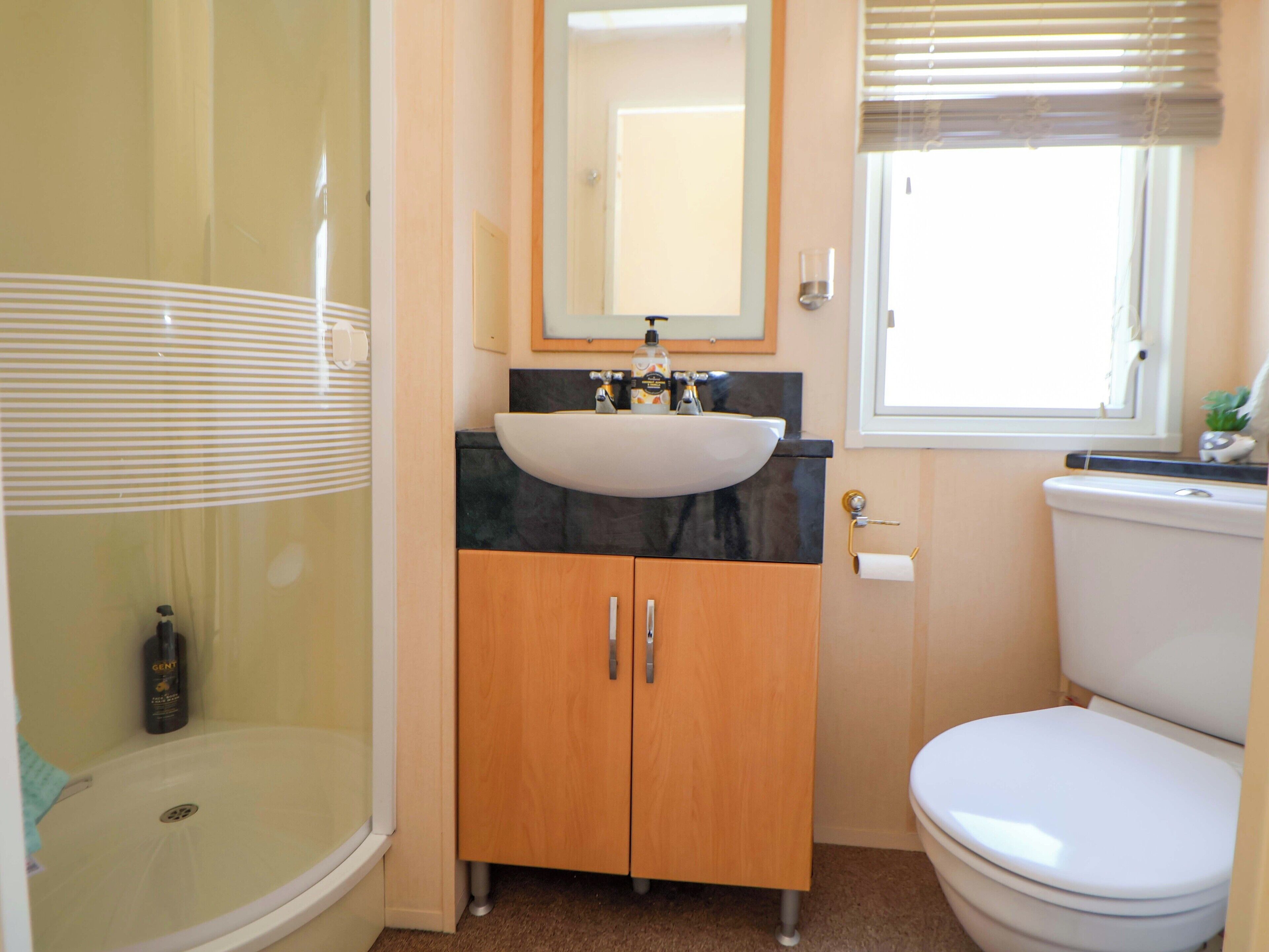 Un baño con ducha, lavabo, inodoro y ventana.