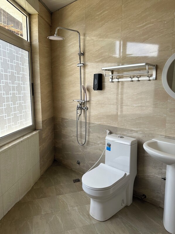 Une salle de bain avec douche, toilettes et lavabo.