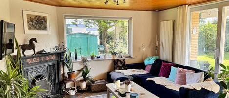 Una sala de estar acogedora con chimenea, un sofá, una mesita de centro y varias plantas.