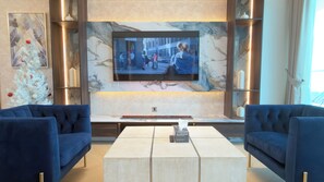 Apartment, Balcony, Beach View | Living area | 64-inch Smart TV with digital channels, Netflix, pay movies - Highend Azure Stay In Palm Jumeirah (Dubai)