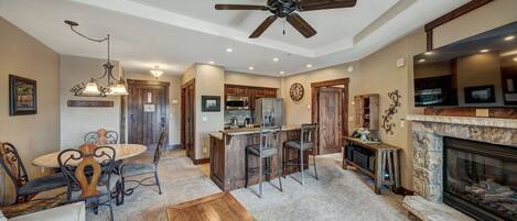 Télévision, cheminée, espaces bureaux