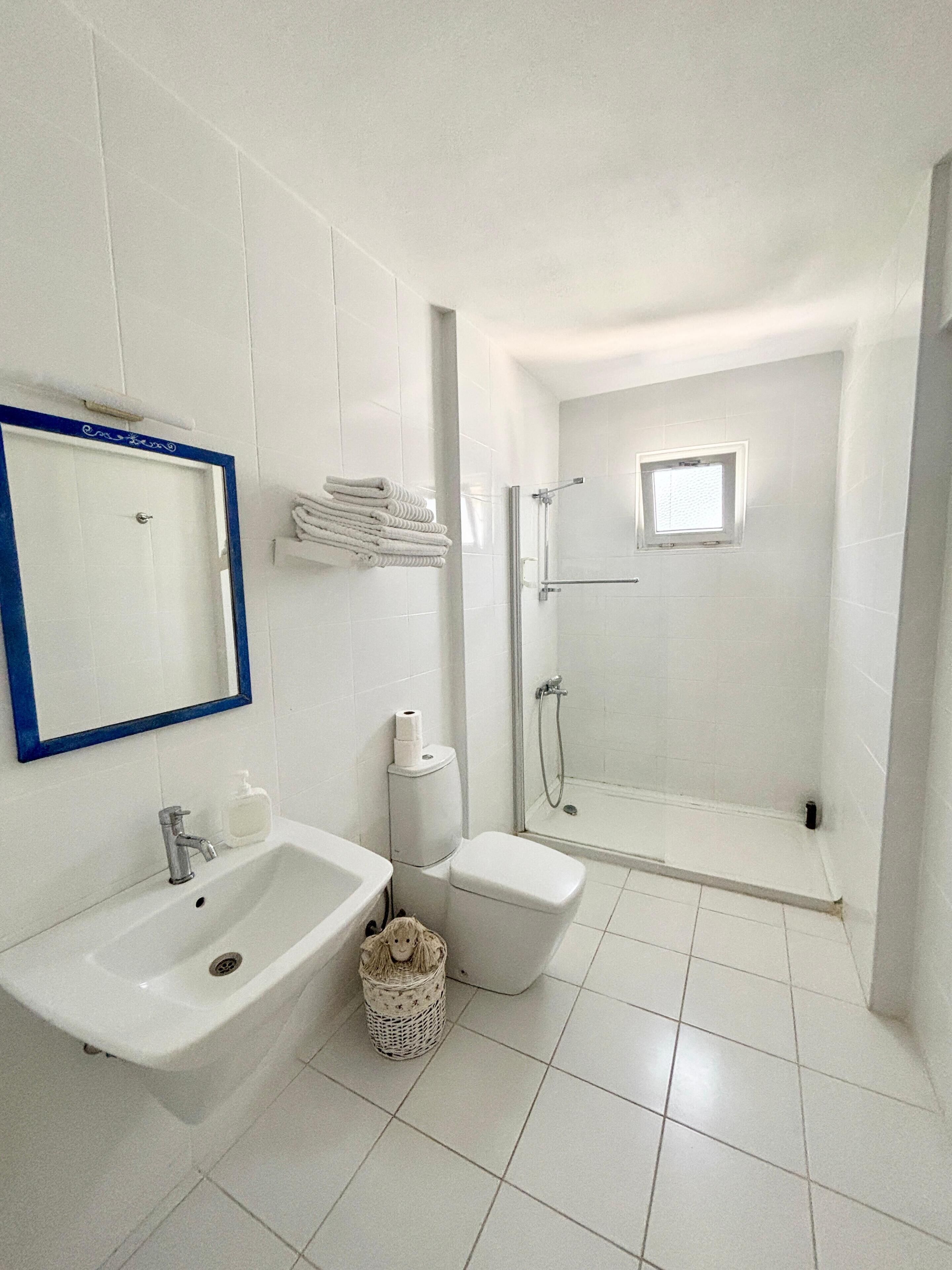 Un baño con lavabo, inodoro y ducha.