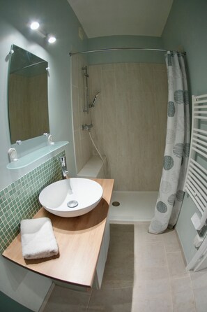 Shower, hair dryer, towels