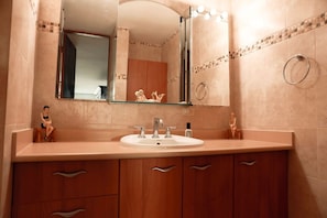 A bathroom with a large vanity, a sink, a mirror, and a shower area.