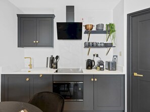 Fridge, microwave, dishwasher, coffee/tea maker