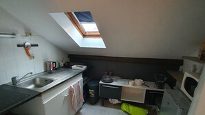 A compact kitchen with a skylight, a sink, a microwave, and a small refrigerator. - Charming apartment in downtown Cahors (Cahors)