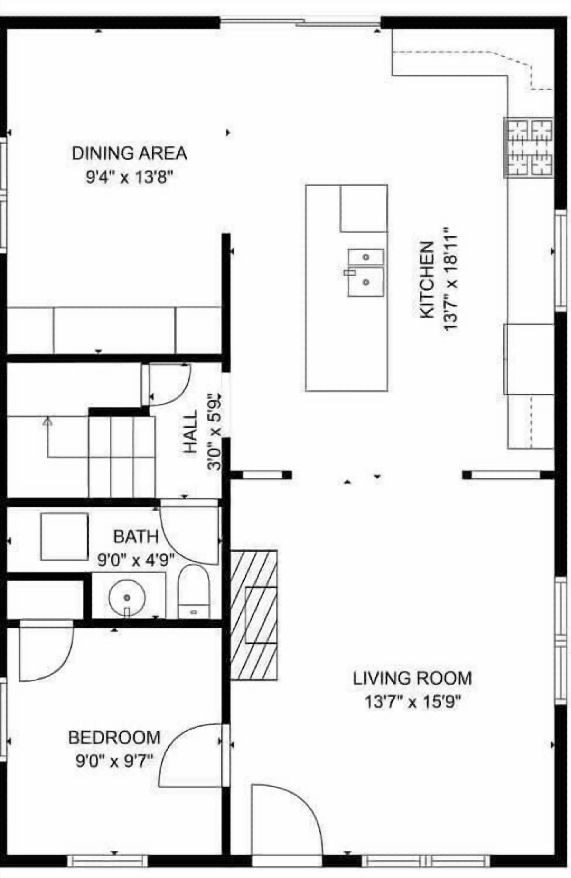 Un plan d’étage comprenant une salle à manger, une cuisine, un salon, une chambre, une salle de bain et un hall d’entrée.