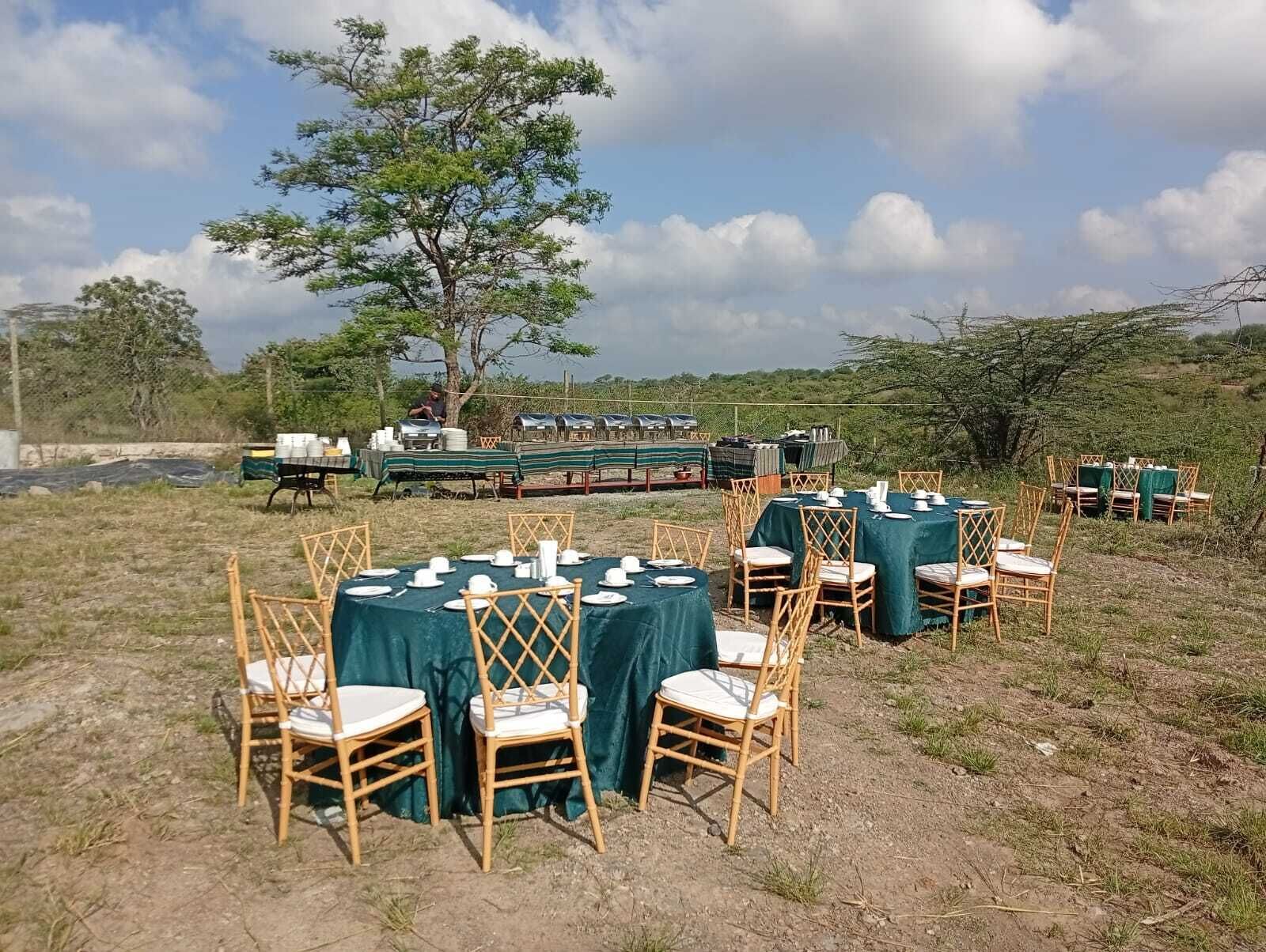 An outdoor dining area with tables set for guests, surrounded by natural scenery and a large tree.