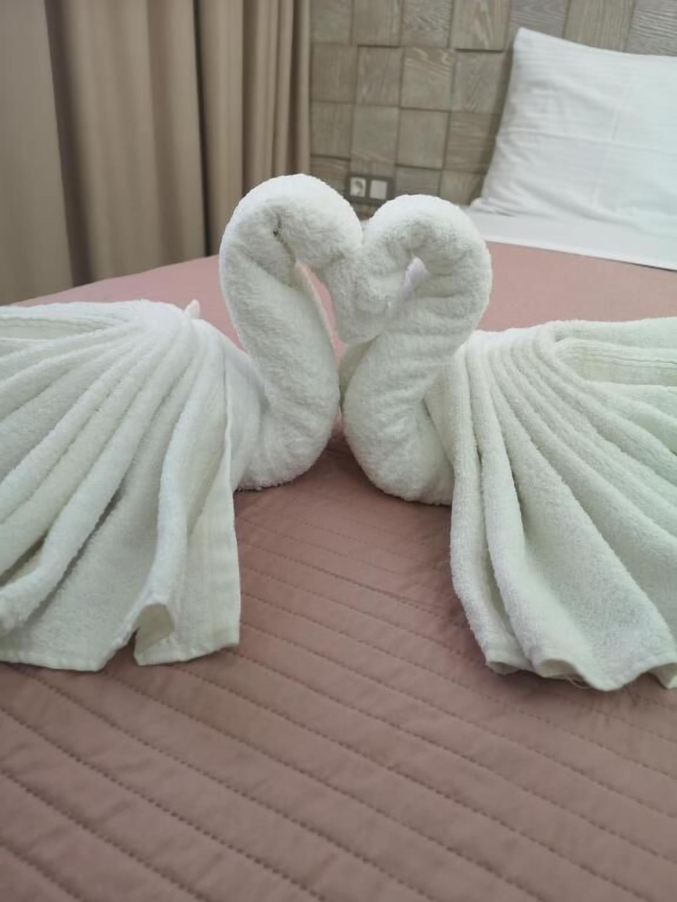 A bed with two towels arranged in the shape of swans.