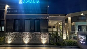 Een modern gebouw met een neonbord waarop 'AMALIA' staat, 's nachts.