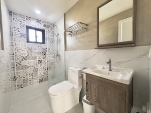 Shower, bidet, towels, toilet paper