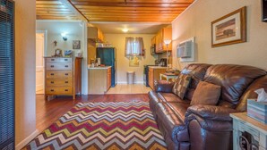 Un salon chaleureux avec un canapé en cuir marron, un tapis à motifs colorés en zigzag et un ventilateur de plafond.