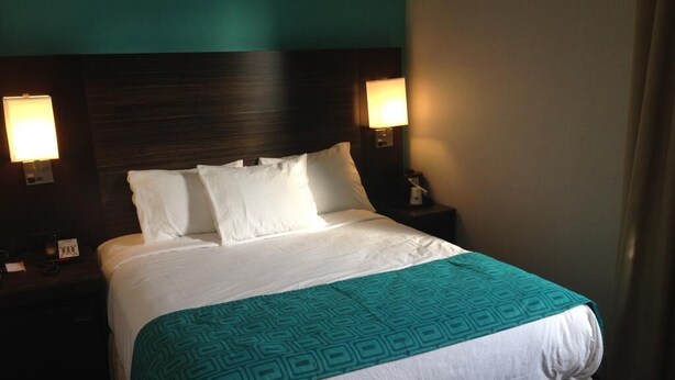 A hotel room with a bed, two bedside lamps, a nightstand, and a teal-patterned throw blanket. - Rockaway Hotel Brooklyn (Brooklyn)