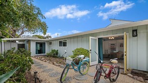 A house with a gravel driveway, two bicycles, and a garden with various plants.