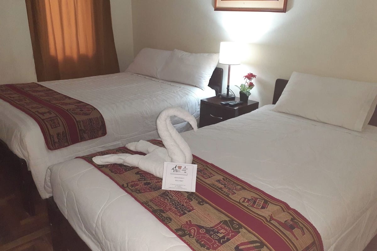 A hotel room with two beds, each with a white comforter and a red and beige patterned throw. There is a nightstand with a lamp and a small plant.