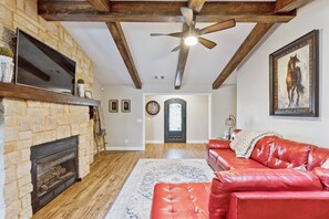 TV, fireplace, books