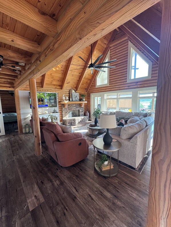 Smart TV, fireplace, books, music library