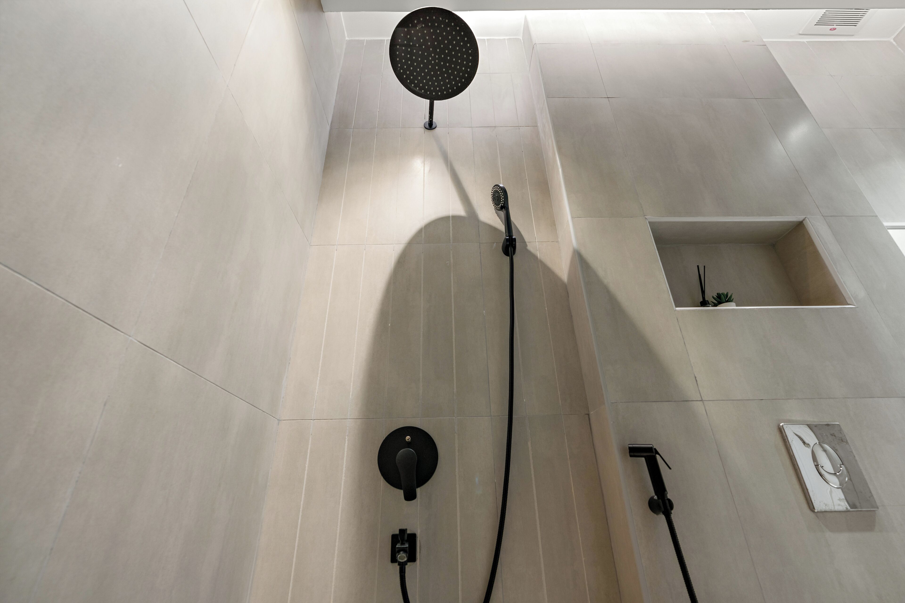 Une salle de bain moderne avec une pomme de douche, un porte-serviettes et une petite plante dans un renfoncement.