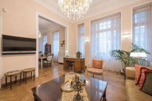 Luxury Apartment, City View | Living area | 32-inch Smart TV with satellite channels, smart speakers - The Rare Luxury Gem in Kolonaki Sq - near Syntagma (Athens)
