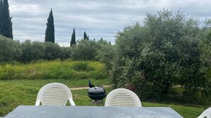 An outdoor seating area with two white chairs and a table, a barbecue grill, and a backdrop of olive trees and greenery. - Vacations in the countryside, between the Mediterranean beaches and the Caroux massif, (Murviel-lès-Béziers)