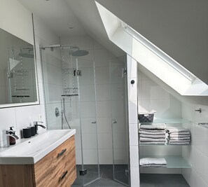Shower, hair dryer, towels, toilet paper
