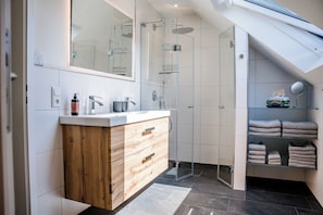 Shower, hair dryer, towels, toilet paper