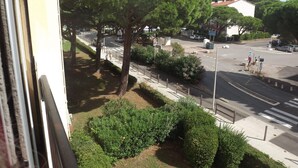 Une vue depuis une fenêtre donnant sur une rue bordée d’arbres, avec un passage piéton et quelques voitures garées.