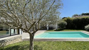 Ein Swimmingpool, umgeben von einem gepflegten Rasen und einem Baum.