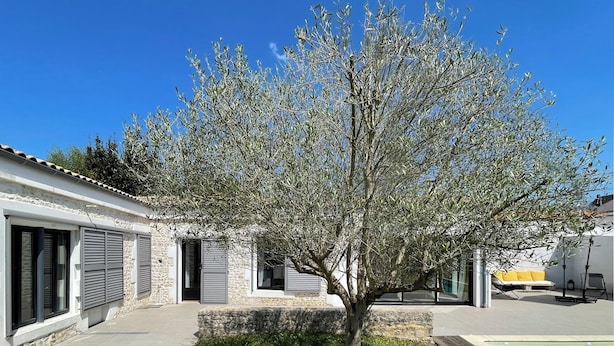 Ein modernes Haus mit Naturstein-Fassade, ein kleiner Baum im Vorgarten und ein Poolbereich zur Rechten.