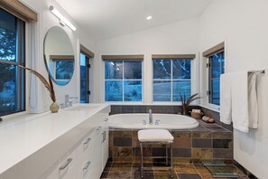 Shower, jetted tub, hair dryer, towels