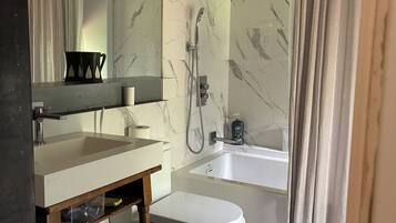 Hair dryer, towels, soap, toilet paper