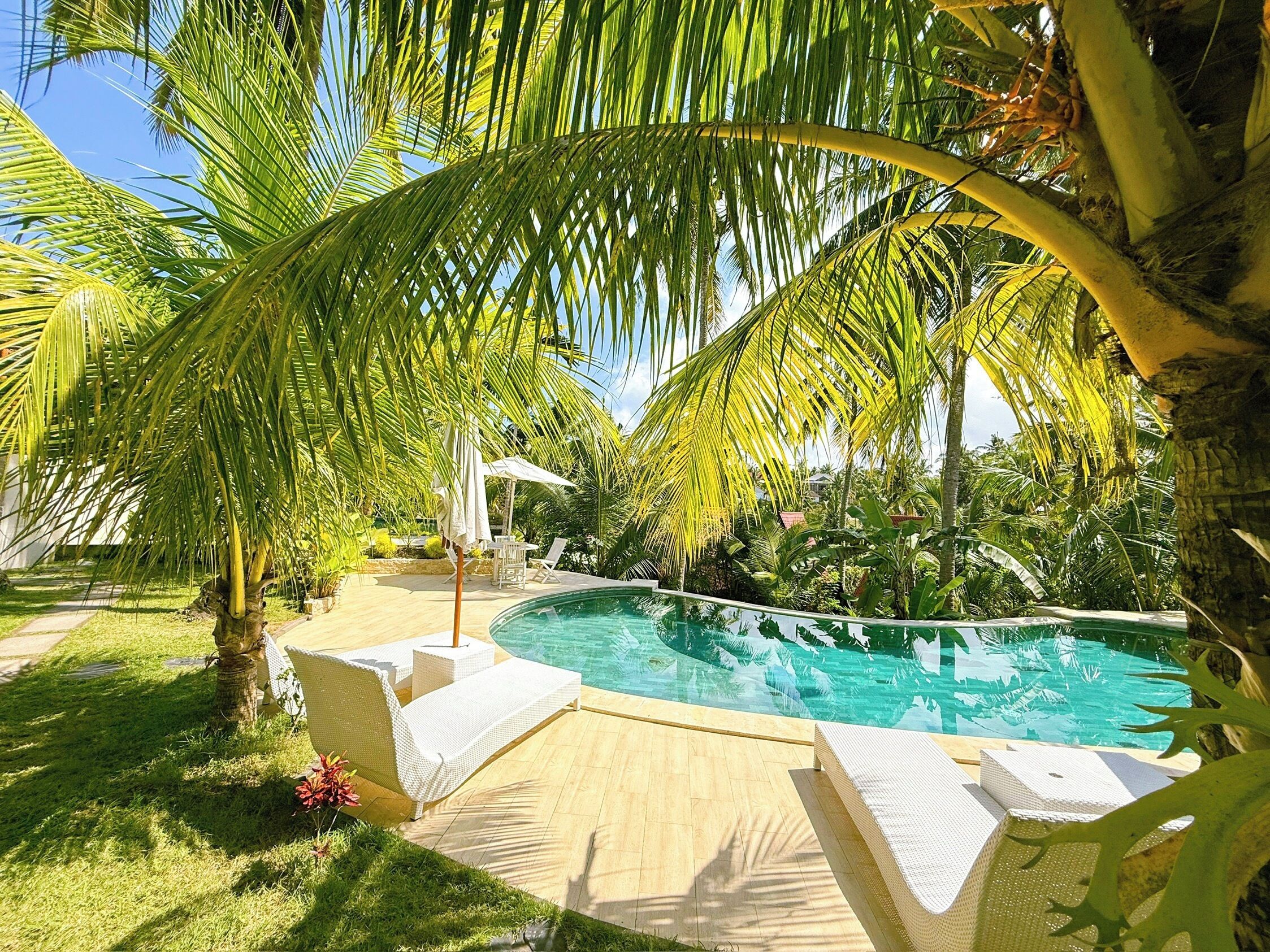 A private pool area with lounge chairs and a small table, surrounded by palm trees and greenery.