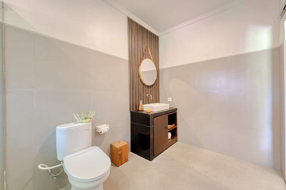 Hair dryer, slippers, towels, soap