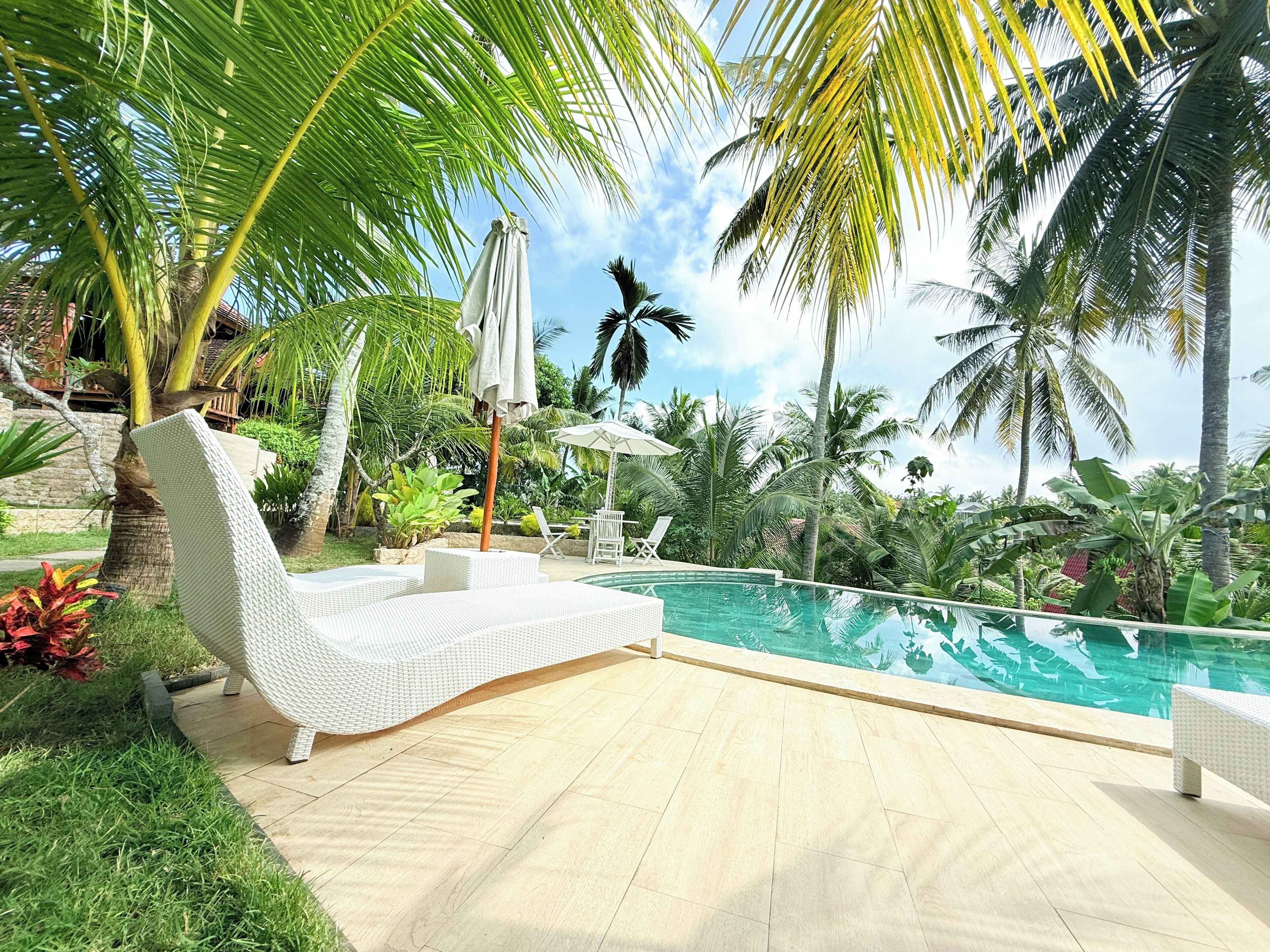 A poolside area with a white lounge chair, a pool, and surrounding palm trees.