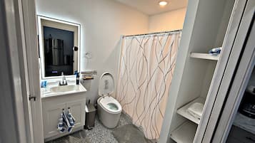 Shower, hair dryer, bidet, towels