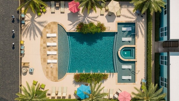 Vista aérea de un resort con piscina central, camastros y palmeras.