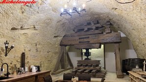 A rustic stone interior with a wooden table and chairs, a chandelier, and a large wooden press. - Michelangelo at our 'Clos Lussault' near Amboise in the Loire Valley (Lussault-sur-Loire)