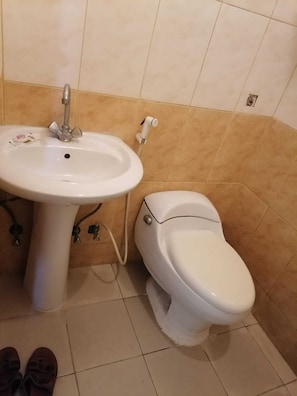 Bathtub, towels, soap, shampoo