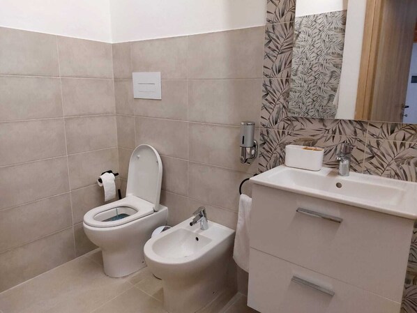 Shower, hair dryer, bidet, towels