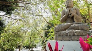 A stone Buddha statue in a garden setting with trees and a pathway. - Garza Blanca, 2 Bdr Panoramic View Hotel Suite in Puerto Vallarta with kitchen. (Jal.)
