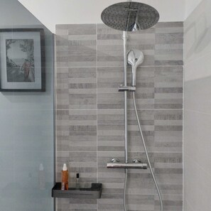 Douche, sèche-cheveux, serviettes fournies, savon