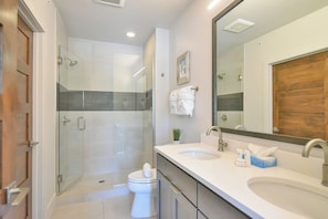 Shower, hair dryer, towels
