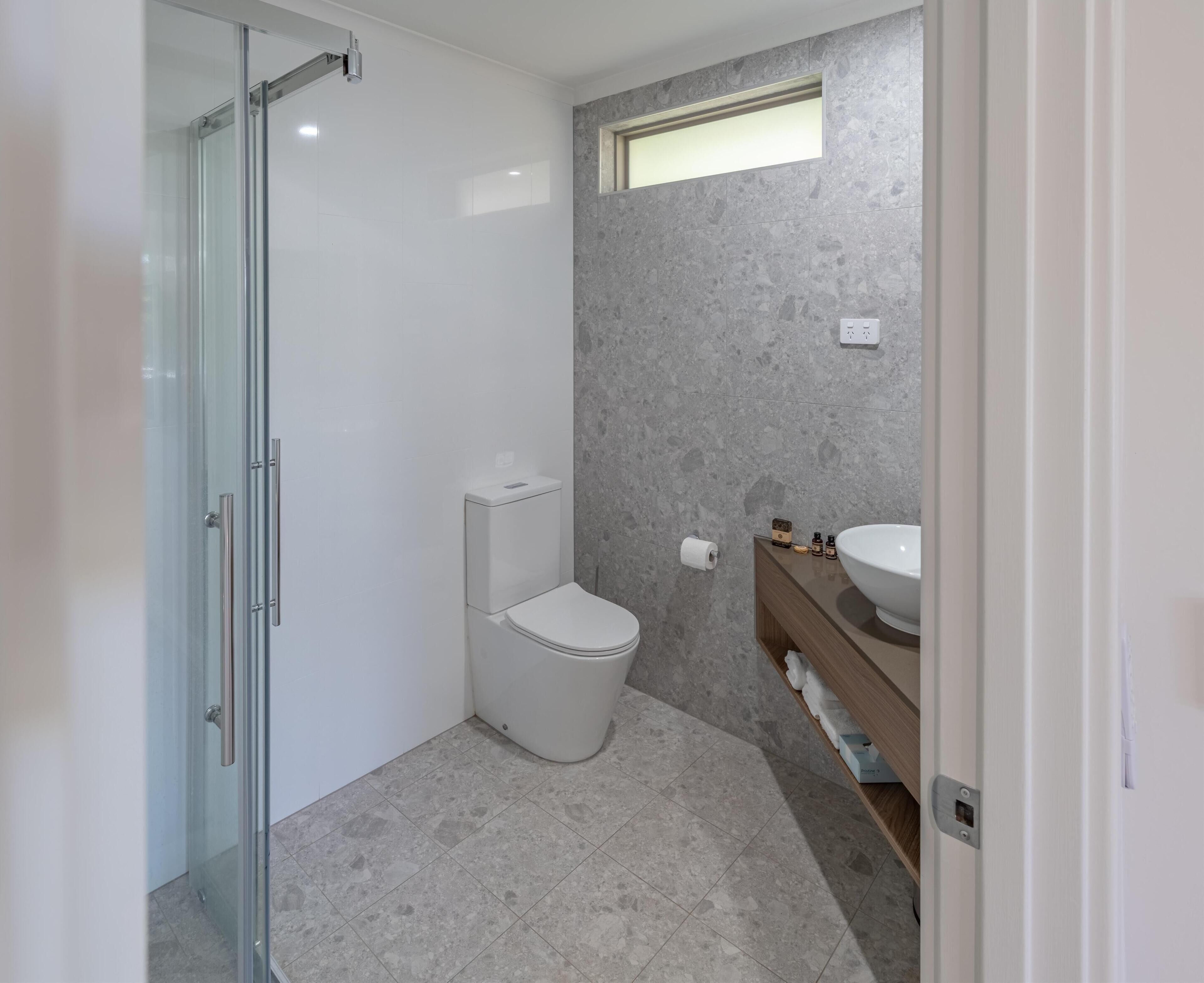 A modern bathroom with a glass shower enclosure, a toilet, and a vanity with a sink.