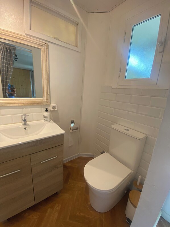 Hair dryer, towels, soap, toilet paper